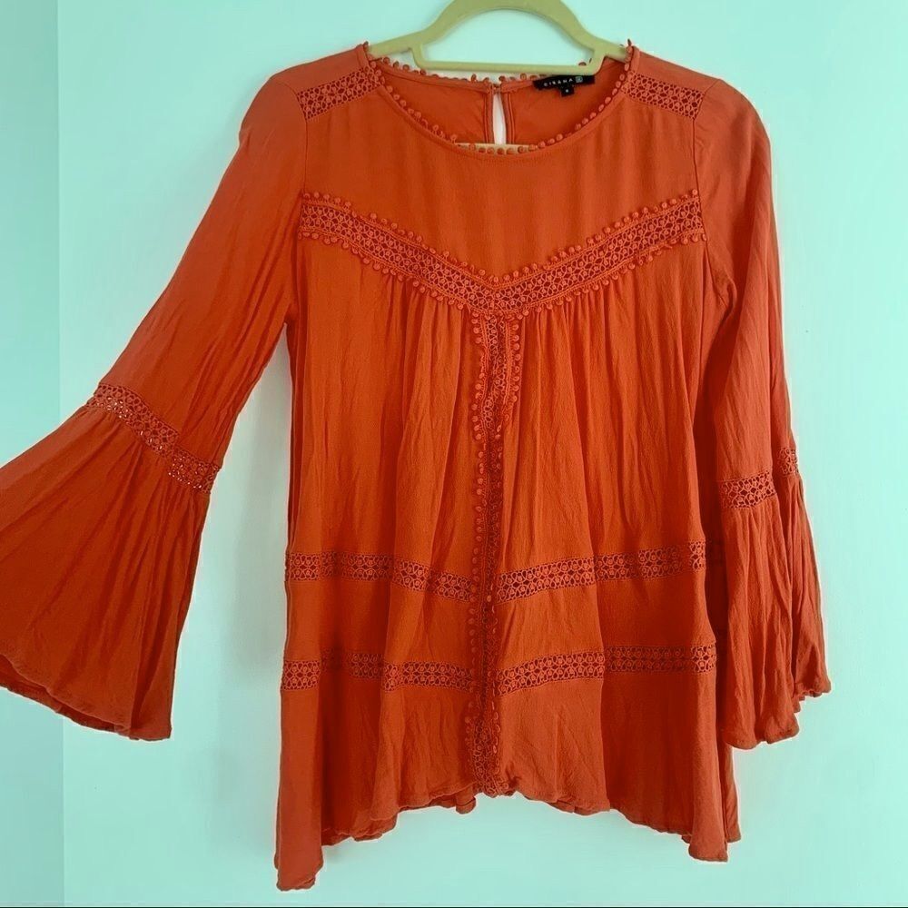 *Excellent* Orange blouse bell sleeve crochet details